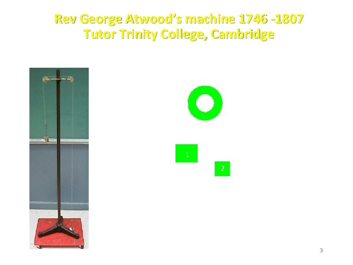 Rev George Atwood’s machine 1746 -1807 Tutor Trinity College, Cambridge 1 2 3 