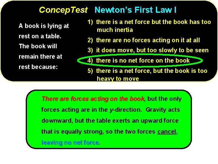 Concep. Test Newton’s First Law I A book is lying at rest on a