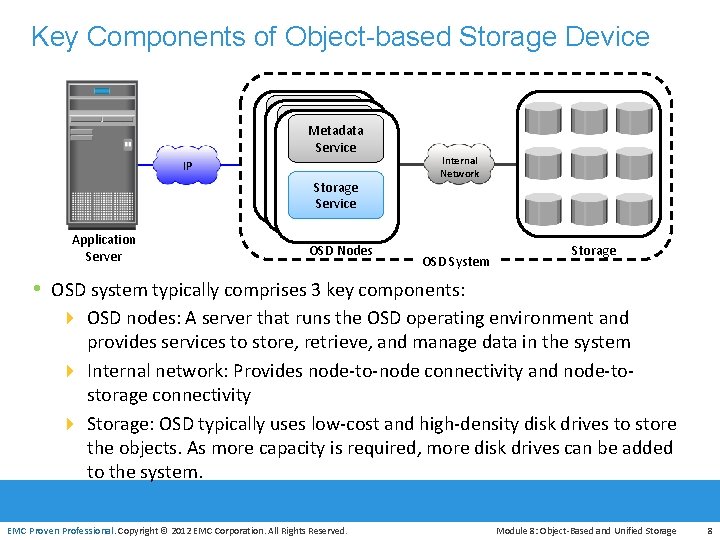 Key Components of Object-based Storage Device Metadata Server Metadata Service IP Storage Server Storage