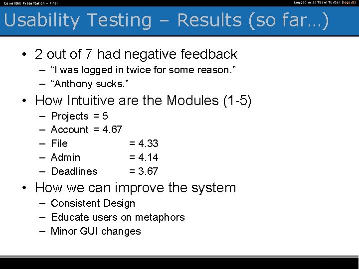 Currently: Presentation – Final Logged in as Team Turtles (logout) Usability Testing – Results
