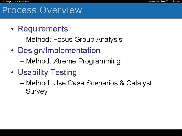 Currently: Presentation – Final Logged in as Team Turtles (logout) Process Overview • Requirements