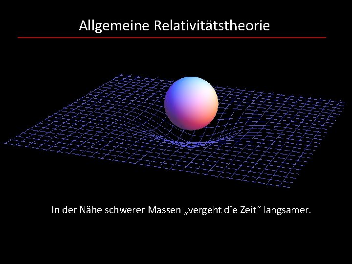 Allgemeine Relativitätstheorie In der Nähe schwerer Massen „vergeht die Zeit“ langsamer. 