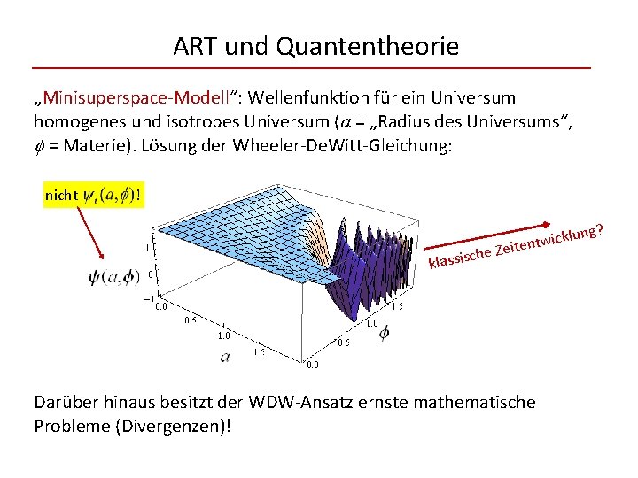 ART und Quantentheorie „Minisuperspace-Modell“: Wellenfunktion für ein Universum homogenes und isotropes Universum (a =