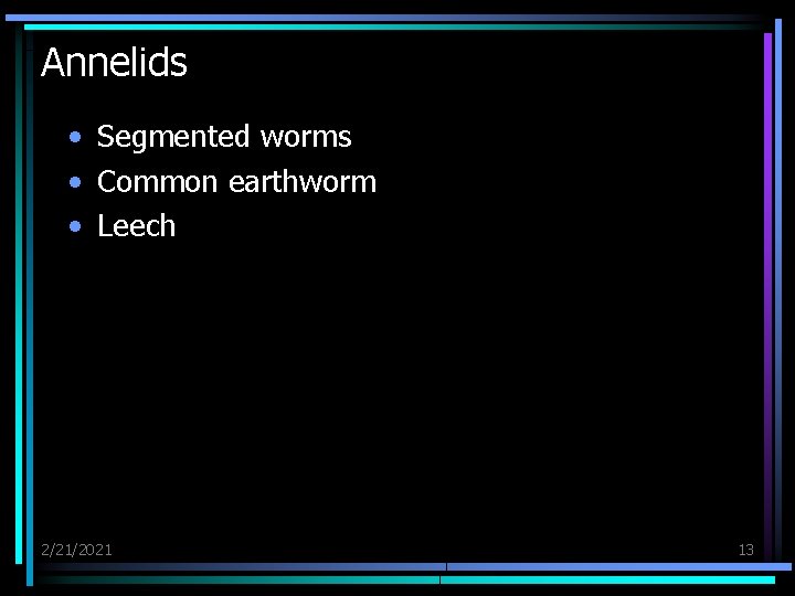 Annelids • Segmented worms • Common earthworm • Leech 2/21/2021 13 