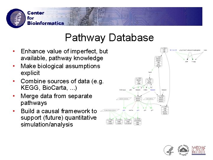 Pathway Database • Enhance value of imperfect, but available, pathway knowledge • Make biological