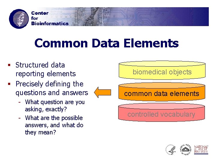Common Data Elements § Structured data reporting elements § Precisely defining the questions and