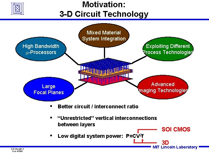 Motivation: 3 -D Circuit Technology Mixed Material System Integration High Bandwidth m-Processors Large Focal