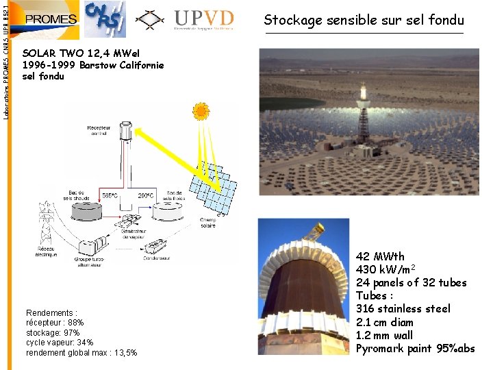 Laboratoire PROMES CNRS UPR 8521 Stockage sensible sur sel fondu SOLAR TWO 12, 4 Laboratoire PROMES CNRS UPR 8521 Stockage sensible sur sel fondu SOLAR TWO 12, 4