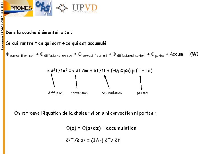 Laboratoire PROMES CNRS UPR 8521 Dans la couche élémentaire ∂x : Ce qui rentre Laboratoire PROMES CNRS UPR 8521 Dans la couche élémentaire ∂x : Ce qui rentre