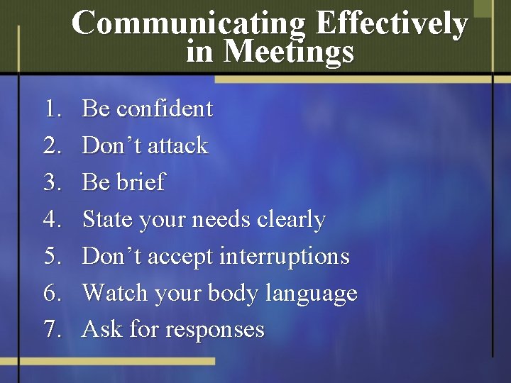 Communicating Effectively in Meetings 1. 2. 3. 4. 5. 6. 7. Be confident Don’t