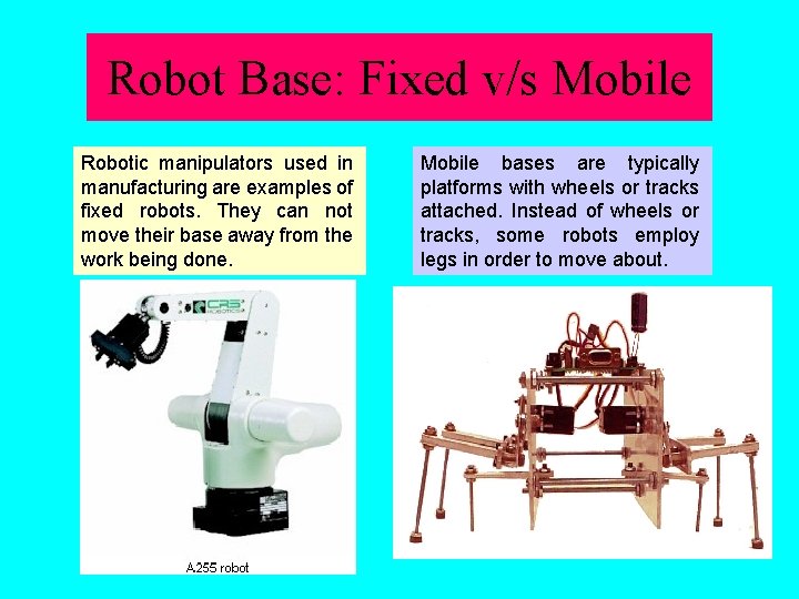 Robot Base: Fixed v/s Mobile Robotic manipulators used in manufacturing are examples of fixed