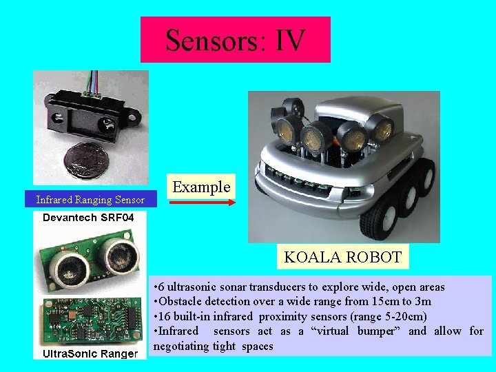 Sensors: IV Infrared Ranging Sensor Example KOALA ROBOT • 6 ultrasonic sonar transducers to