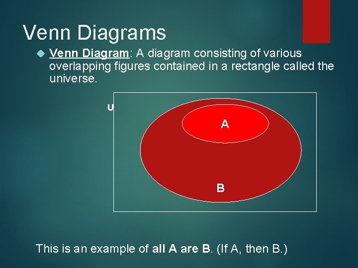 Venn Diagrams Venn Diagram: A diagram consisting of various overlapping figures contained in a