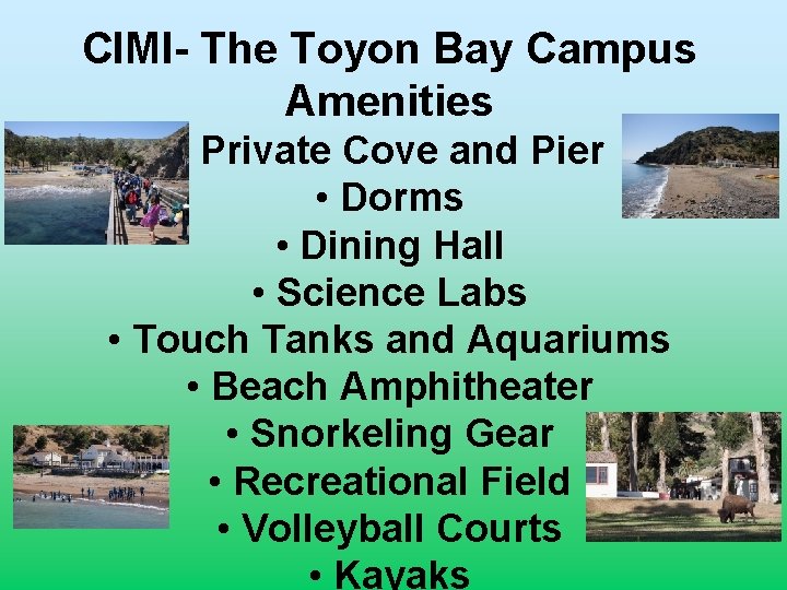 CIMI- The Toyon Bay Campus Amenities • Private Cove and Pier • Dorms •