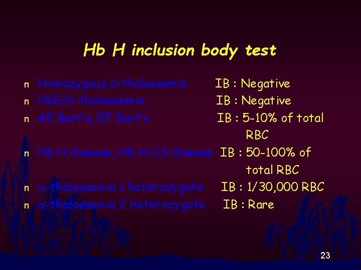 Hb H inclusion body test n n n Homozygous b-thalassemia Hb. E/b-thalassemia AE Bart’s,