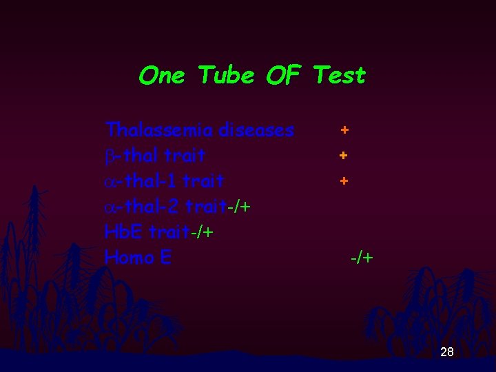 One Tube OF Test Thalassemia diseases b-thal trait a-thal-1 trait a-thal-2 trait-/+ Hb. E