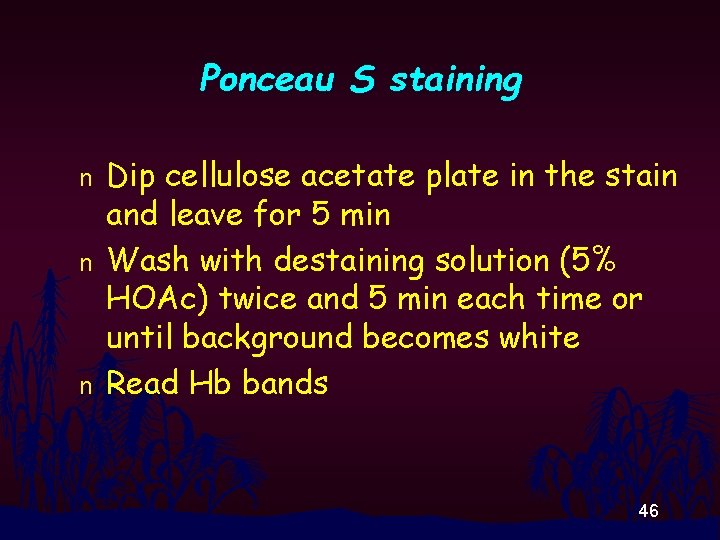 Ponceau S staining n n n Dip cellulose acetate plate in the stain and