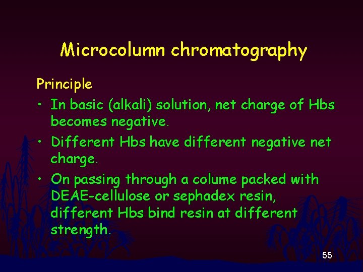 Microcolumn chromatography Principle • In basic (alkali) solution, net charge of Hbs becomes negative.