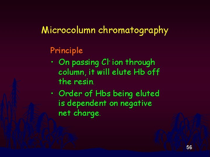 Microcolumn chromatography Principle • On passing Cl- ion through column, it will elute Hb
