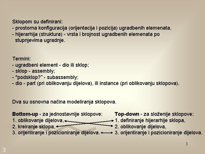 Sklopom su definirani: - prostorna konfiguracija (orijentacija i pozicija) ugradbenih elemenata, - hijerarhija (struktura)