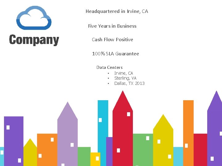 Headquartered in Irvine, CA Five Years in Business Cash Flow Positive 100% SLA Guarantee
