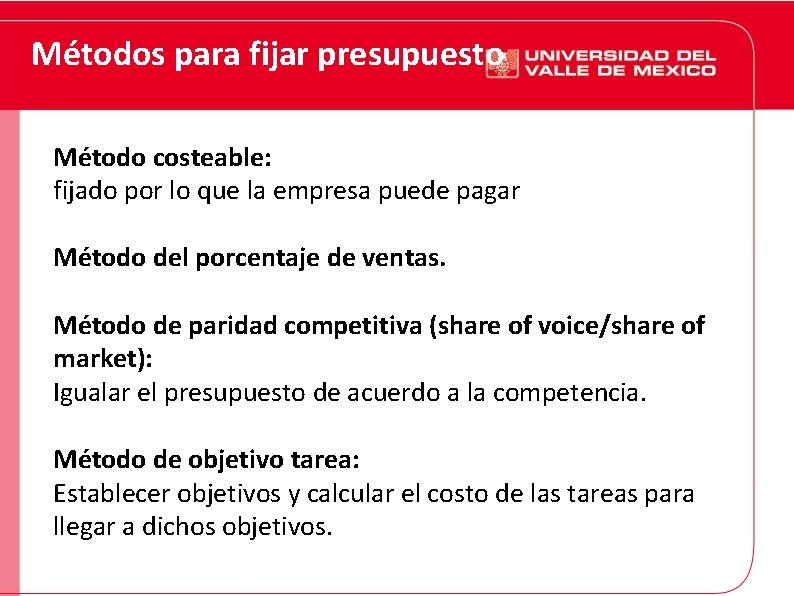 Métodos para fijar presupuesto Método costeable: fijado por lo que la empresa puede pagar