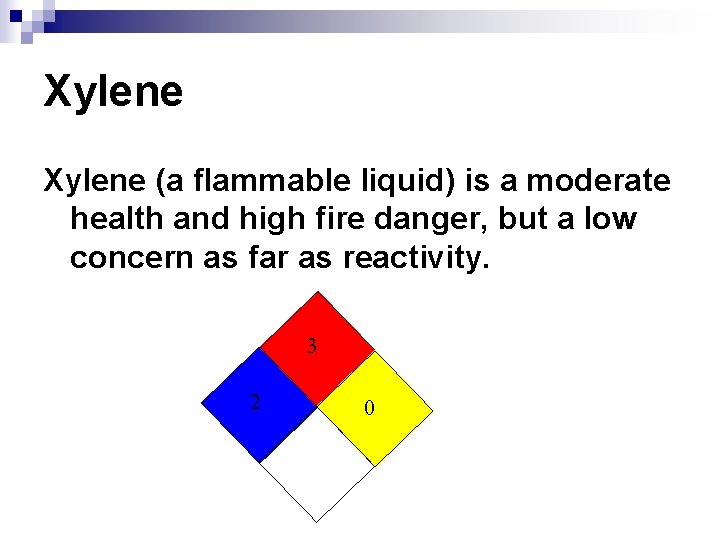 Xylene (a flammable liquid) is a moderate health and high fire danger, but a