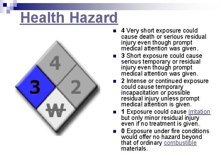 Health Hazard n n n 4 Very short exposure could cause death or serious