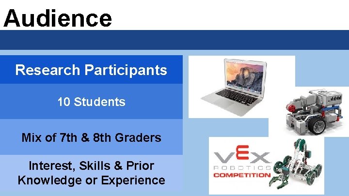 Audience Research Participants 10 Students Mix of 7 th & 8 th Graders Interest,