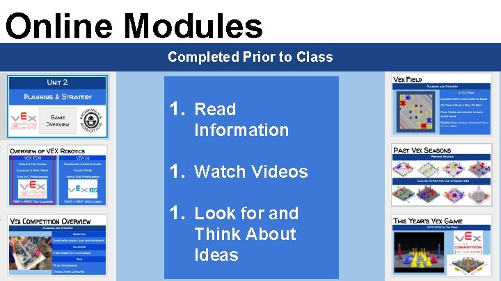 Online Modules Completed Prior to Class 1. Read Information 1. Watch Videos 1. Look