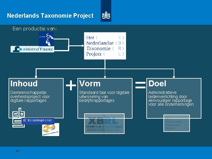 Nederlands Taxonomie Project Een productie van: Inhoud Gemeenschappelijk overheidsproject voor digitale rapportages 21 + Nederlands Taxonomie Project Een productie van: Inhoud Gemeenschappelijk overheidsproject voor digitale rapportages 21 +