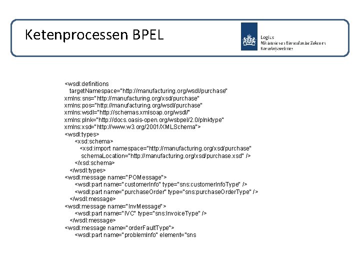 Ketenprocessen BPEL <wsdl: definitions target. Namespace="http: //manufacturing. org/wsdl/purchase" xmlns: sns="http: //manufacturing. org/xsd/purchase" xmlns: pos="http: