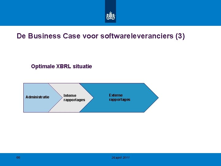De Business Case voor softwareleveranciers (3) Optimale XBRL situatie Administratie 66 Interne rapportages Externe De Business Case voor softwareleveranciers (3) Optimale XBRL situatie Administratie 66 Interne rapportages Externe