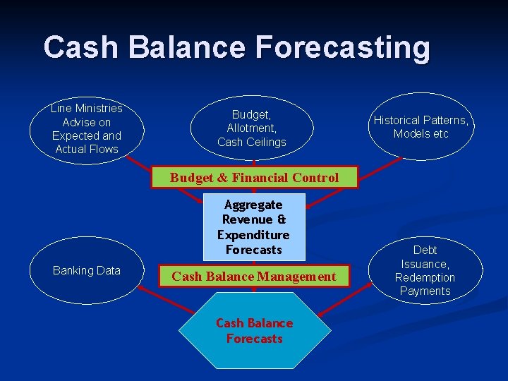 Cash Balance Forecasting Line Ministries Advise on Expected and Actual Flows Budget, Allotment, Cash