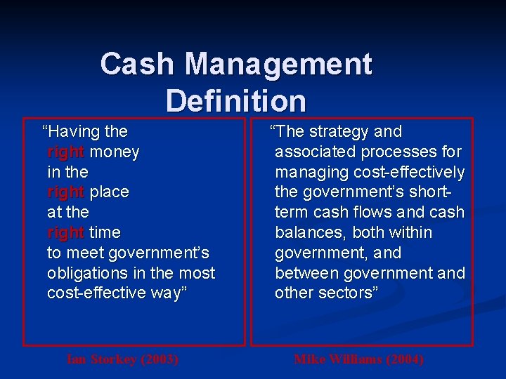 Cash Management Definition “Having the right money in the right place at the right