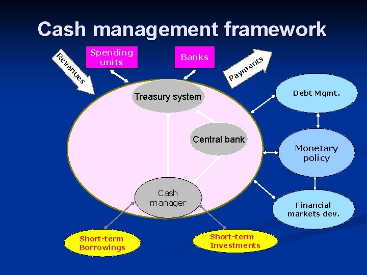 Cash management framework Banks s t en m en ev R Spending units s