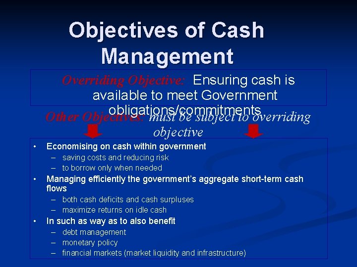 Objectives of Cash Management Overriding Objective: Ensuring cash is available to meet Government obligations/commitments