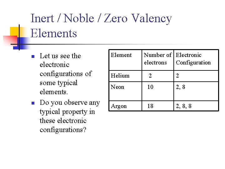 Inert / Noble / Zero Valency Elements n n Let us see the electronic