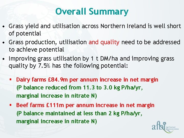 Overall Summary • Grass yield and utilisation across Northern Ireland is well short of Overall Summary • Grass yield and utilisation across Northern Ireland is well short of