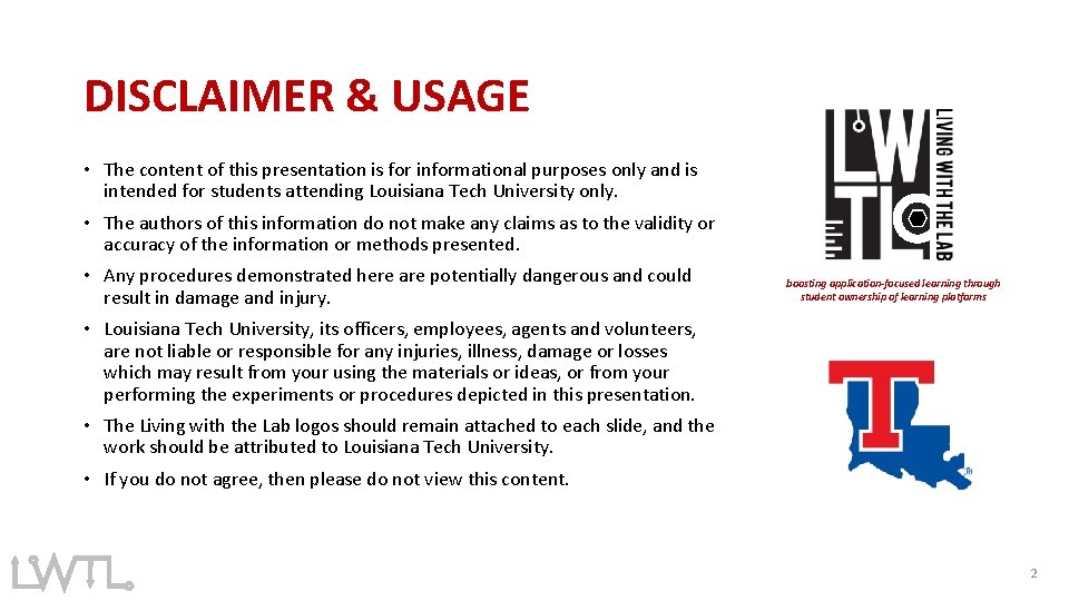 DISCLAIMER & USAGE • The content of this presentation is for informational purposes only DISCLAIMER & USAGE • The content of this presentation is for informational purposes only