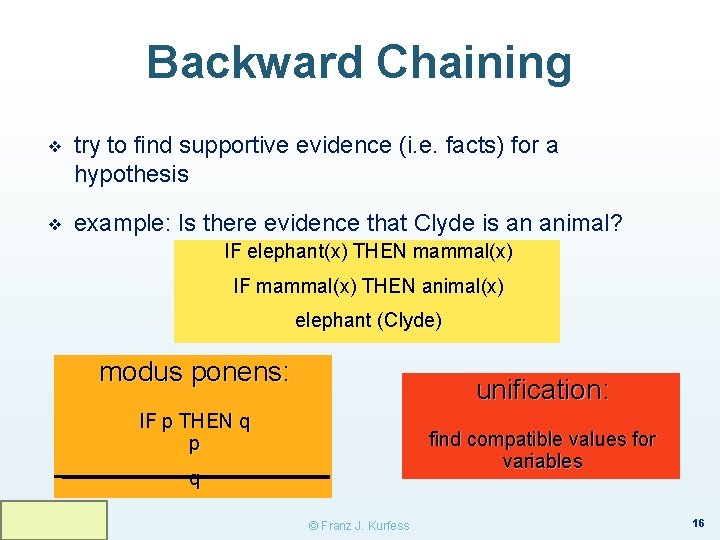 Backward Chaining ❖ try to find supportive evidence (i. e. facts) for a hypothesis