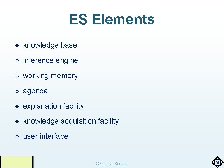 ES Elements ❖ knowledge base ❖ inference engine ❖ working memory ❖ agenda ❖