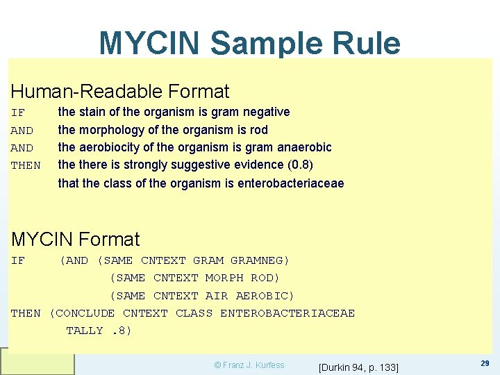 MYCIN Sample Rule Human-Readable Format IF AND THEN the stain of the organism is