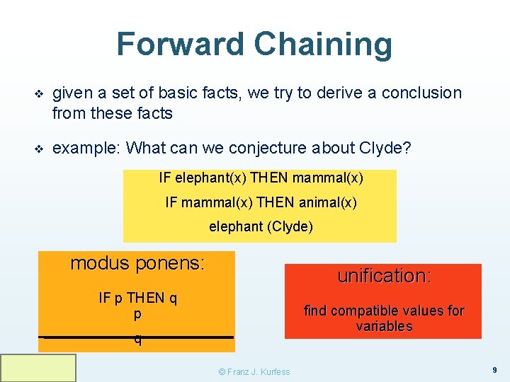 Forward Chaining ❖ given a set of basic facts, we try to derive a