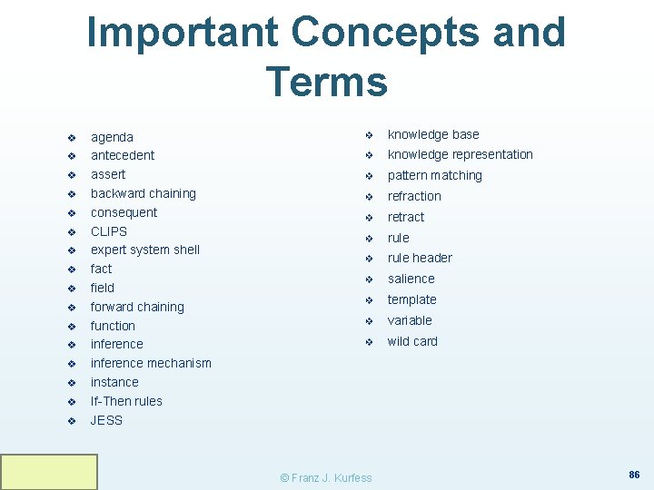 Important Concepts and Terms v v v v agenda antecedent assert backward chaining consequent