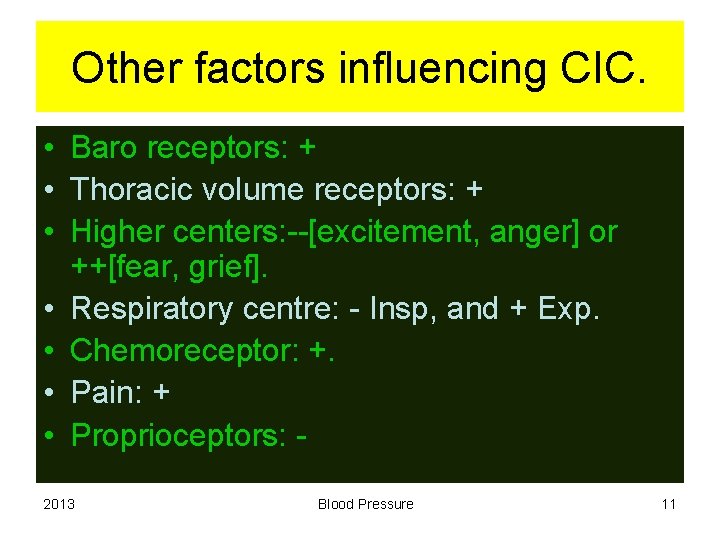 Other factors influencing CIC. • Baro receptors: + • Thoracic volume receptors: + •