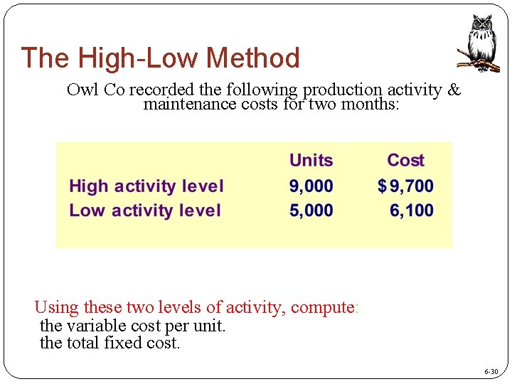 The High-Low Method Owl Co recorded the following production activity & maintenance costs for