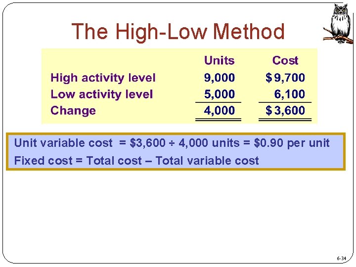 The High-Low Method Unit variable cost = $3, 600 ÷ 4, 000 units =