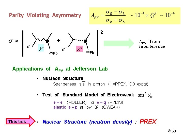 Parity Violating Asymmetry 2 + 208 Pb APV from interference 208 Pb Applications of