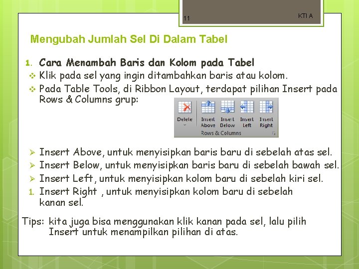 11 KTI A Mengubah Jumlah Sel Di Dalam Tabel 1. v v Ø Ø